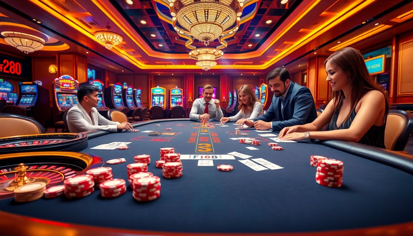 F168 casino environment showcasing a vibrant poker table with players enjoying modern gambling.