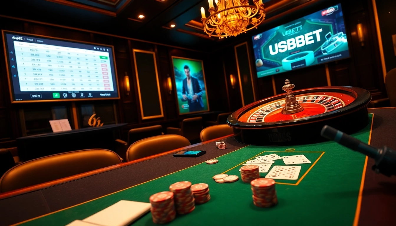 Experience the excitement of usbet with poker and roulette in a luxurious casino setting.