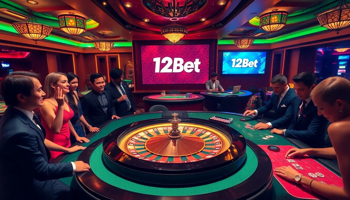 High-stakes gambling at 12Bet casino with roulette, excited players, and vibrant atmosphere.