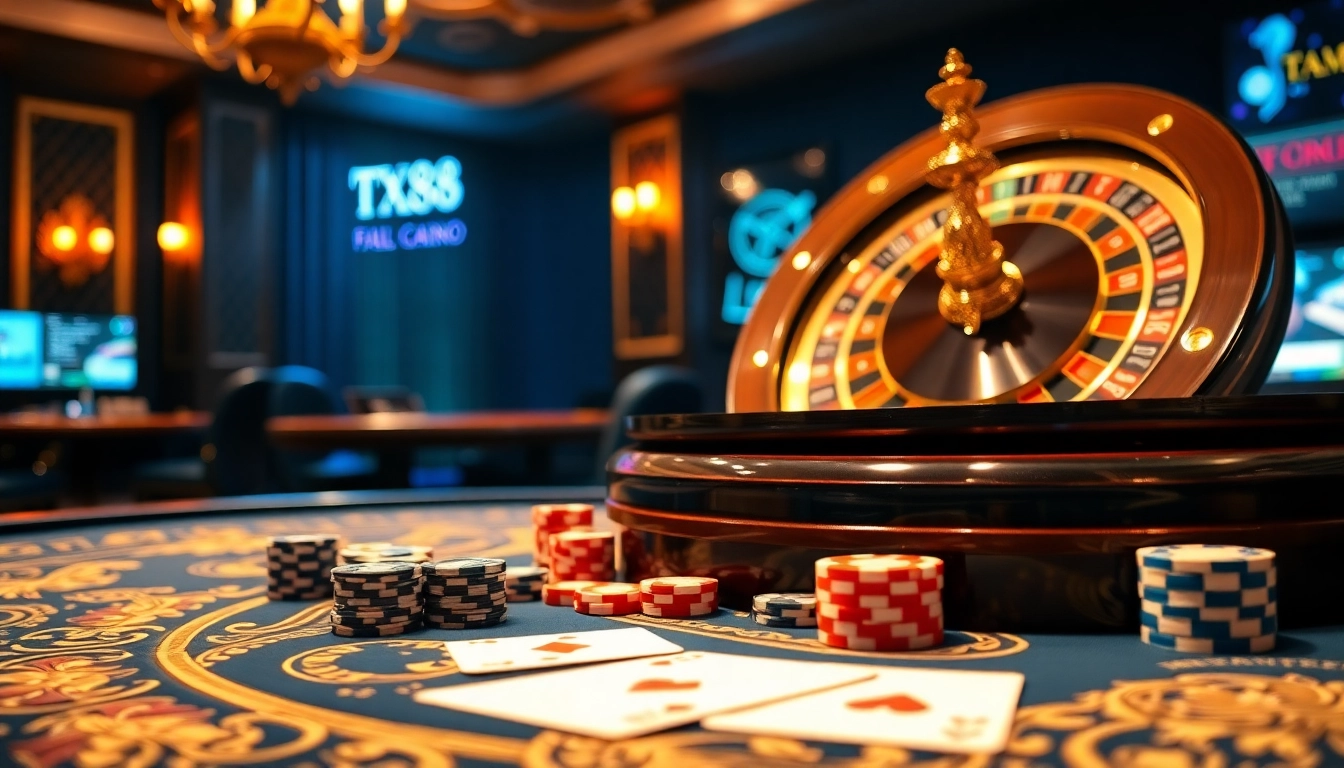 Experience the thrill of betting at TX88’s vibrant casino, featuring poker chips and a roulette wheel.