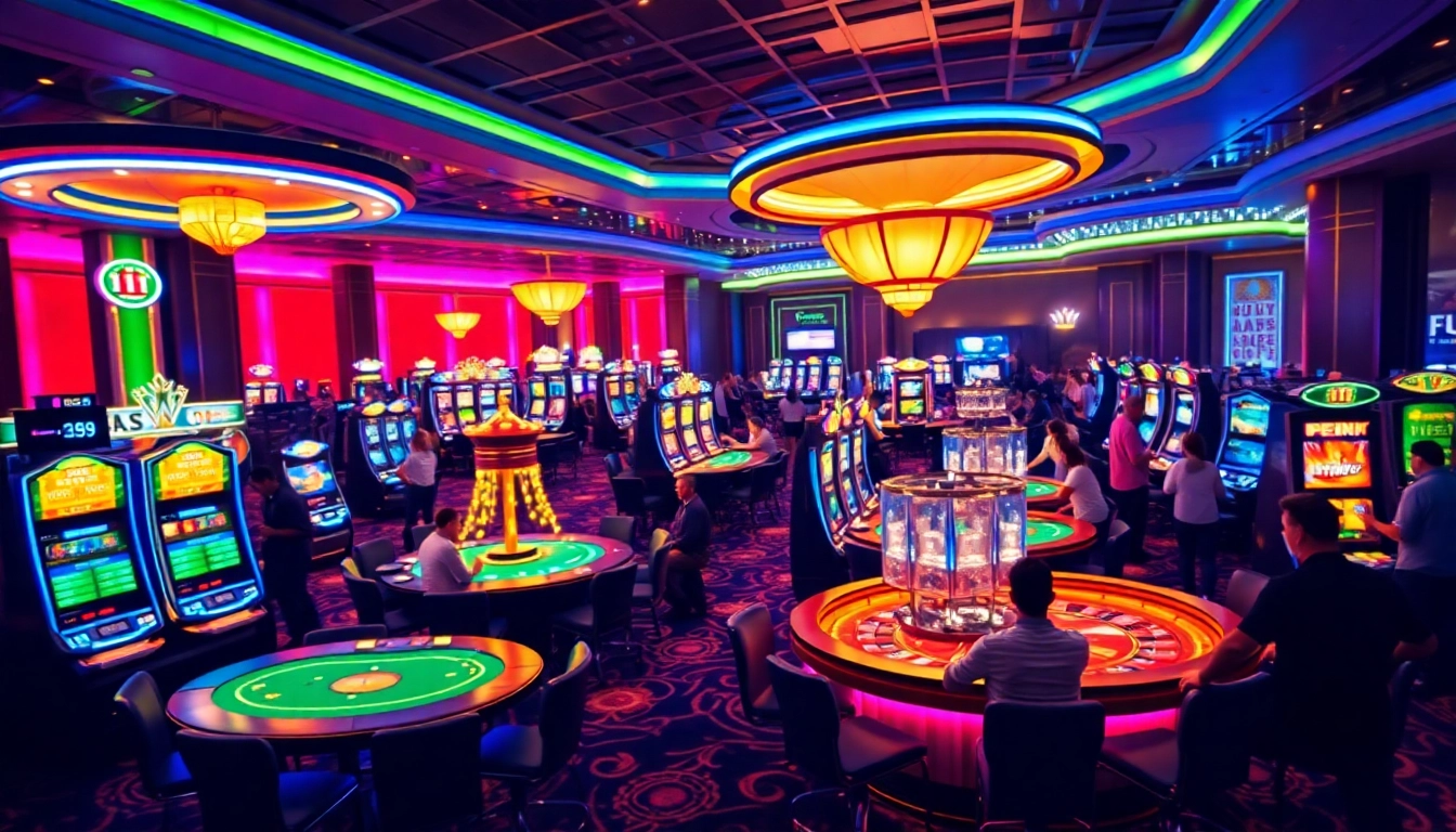 Dynamic casino atmosphere showcasing vibrant games at 11win.best, with players engaged in poker and slots.
