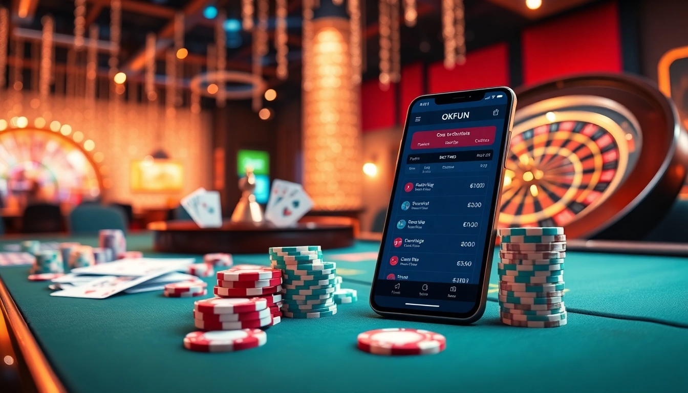 Exciting gambling experience at OKFUN with colorful chips, dynamic roulette wheel, and modern betting interface.
