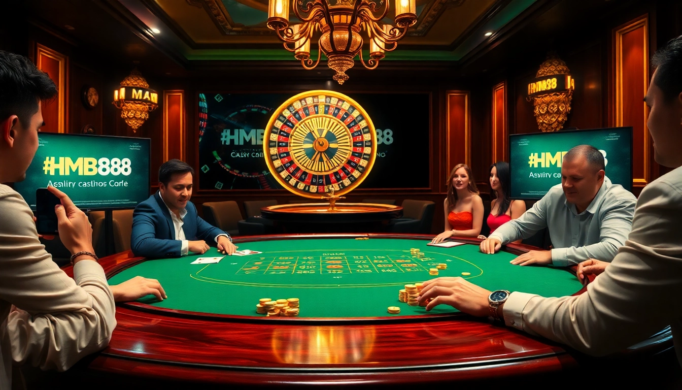 Experience the thrill of HM88 with vibrant casino visuals featuring poker and roulette tables.