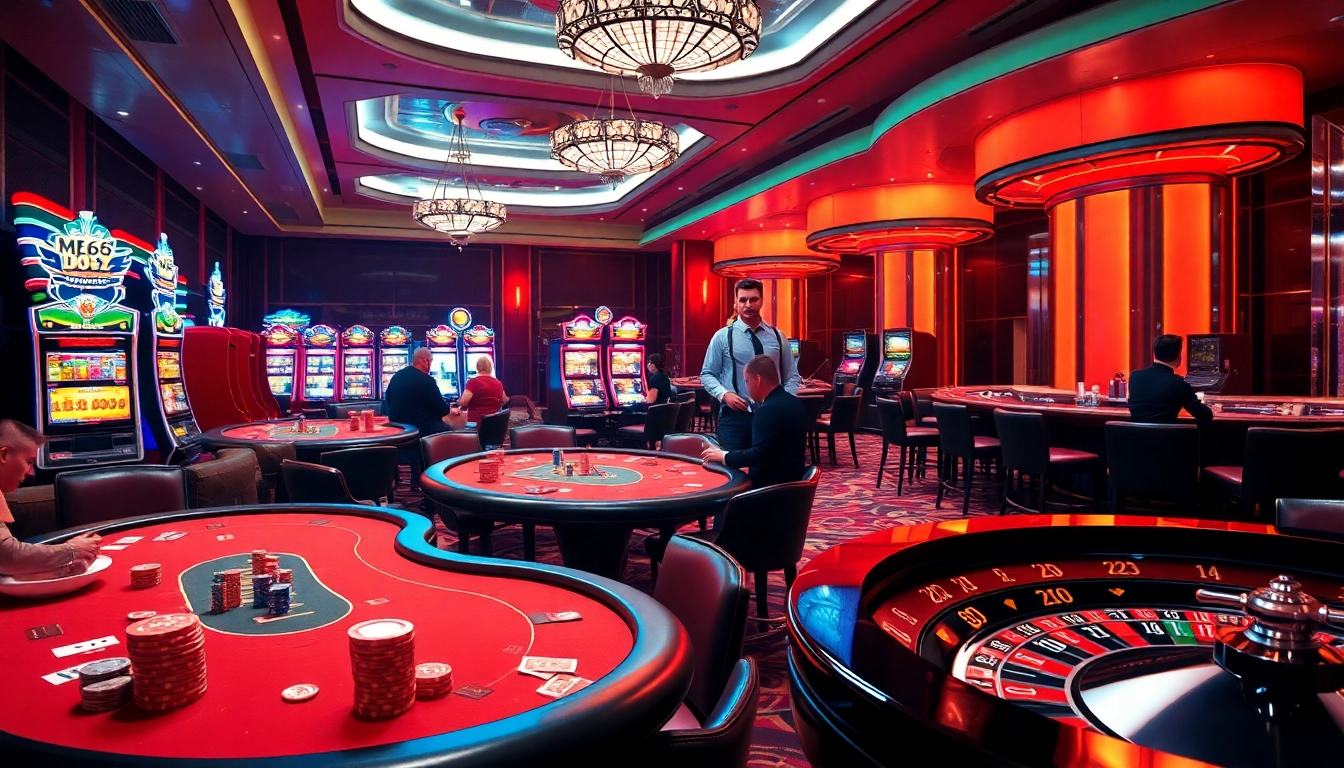 Exciting MB66 casino scene featuring players at poker tables and vibrant slot machines.