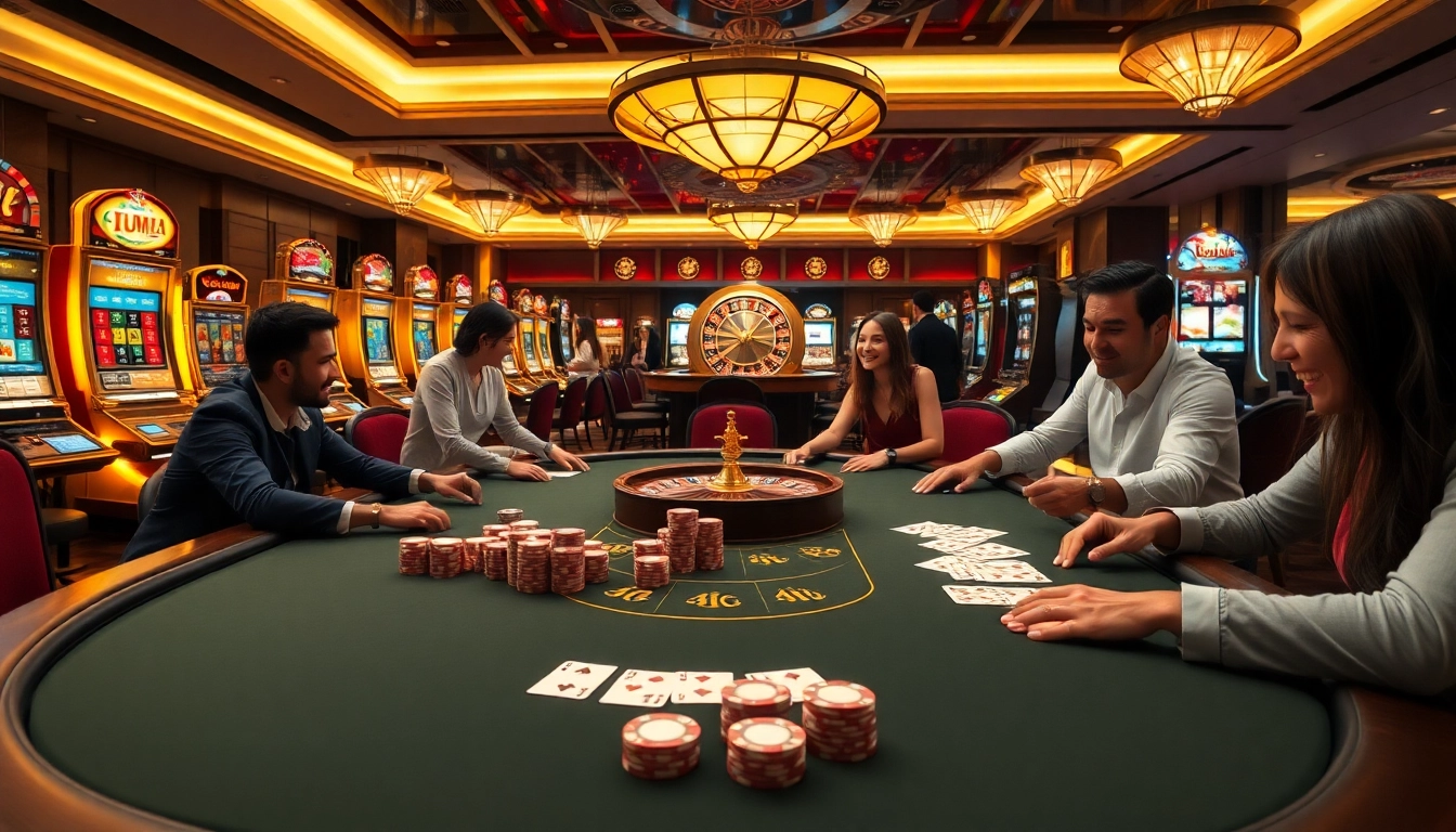 MM88 Casino scene showcasing poker betting strategy with vibrant slot machines.