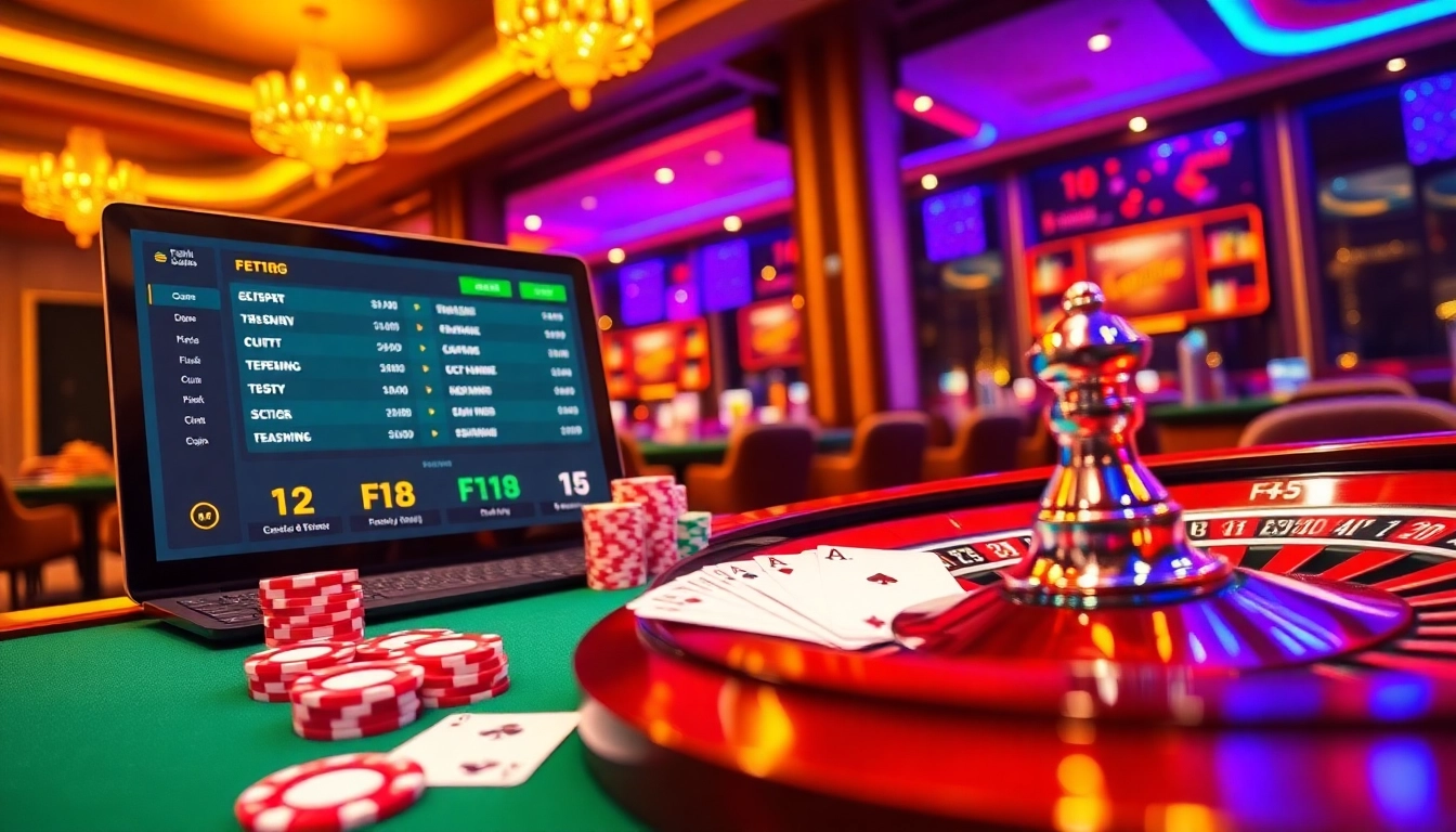 Engage in thrilling gaming with เจ้ามือรับแทง F168 at a luxurious casino setup showcasing poker and roulette.