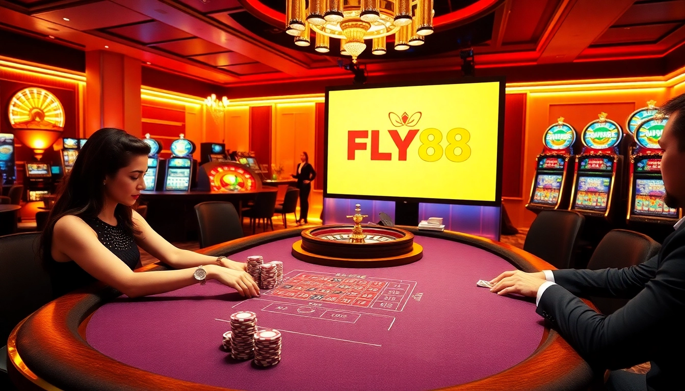 Experience high-stakes excitement at FLY88’s luxurious casino gaming tables with vibrant poker action.