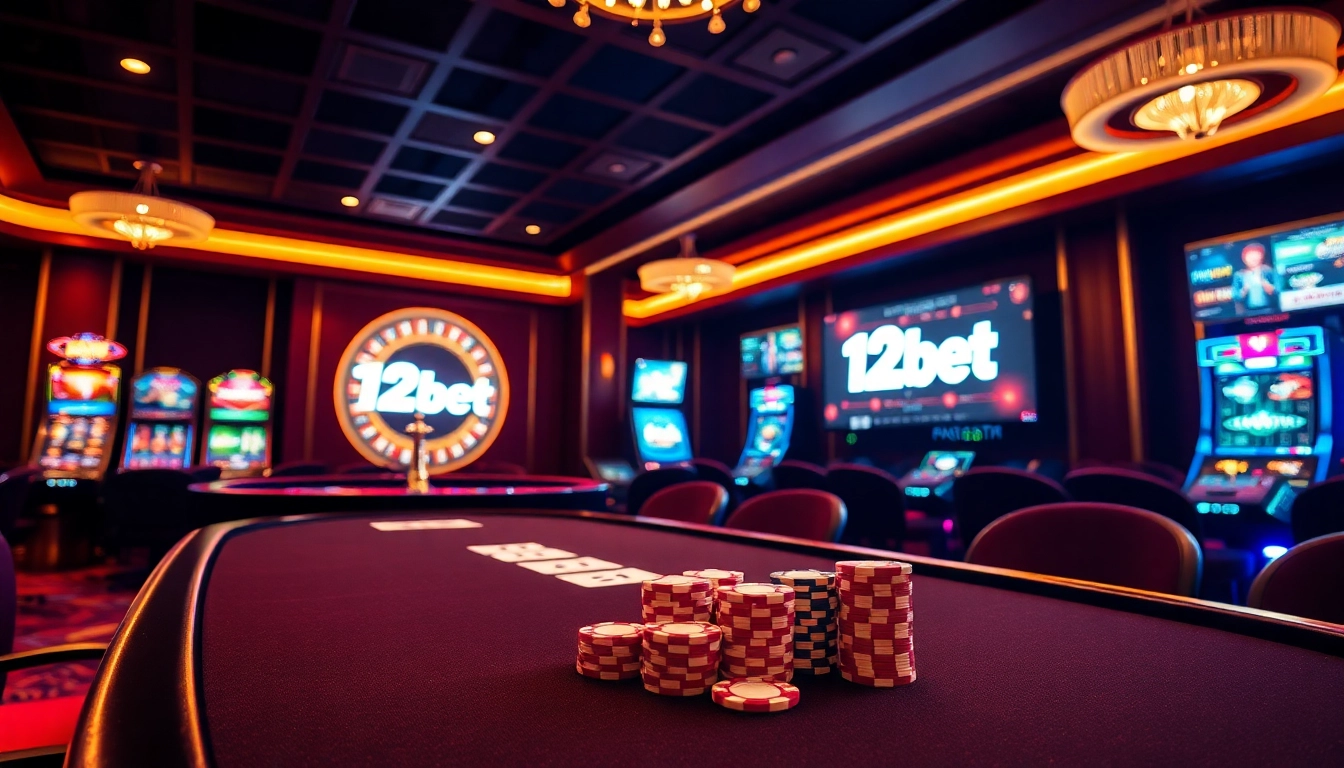Experience thrilling gambling with 12bet at a luxurious casino table featuring poker chips and cards.