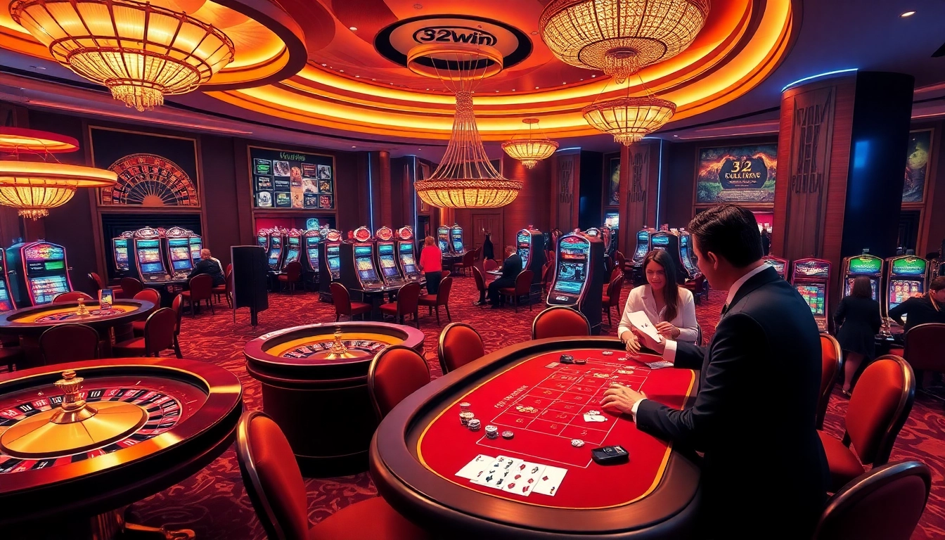 Engaging players at 32win poker tables in a vibrant casino atmosphere with chips and cards.