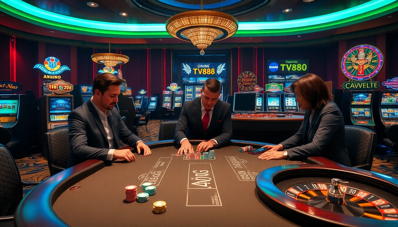 Engage with thrilling games at TV88, featuring an elegant poker table and vibrant casino atmosphere.