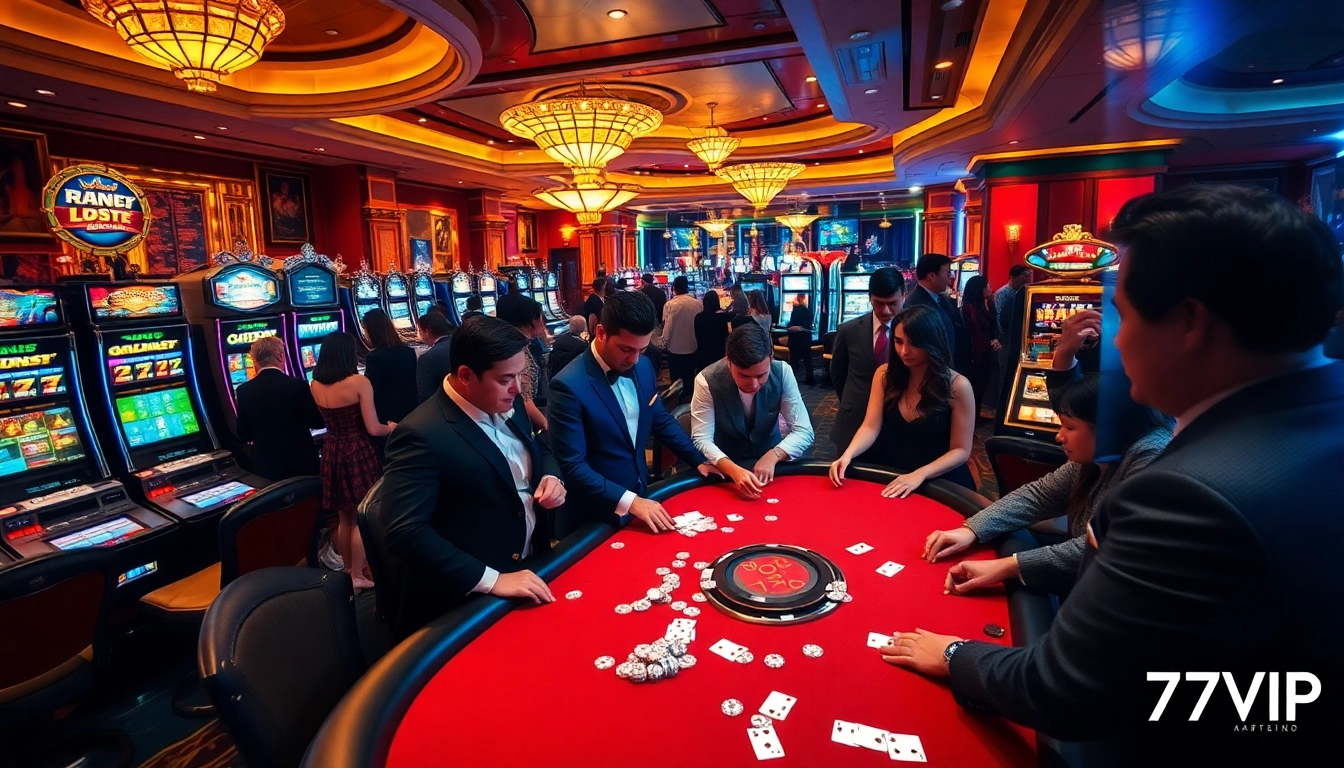 Experience thrilling gameplay with 777VIP at a luxurious casino filled with vibrant slot machines and poker tables.