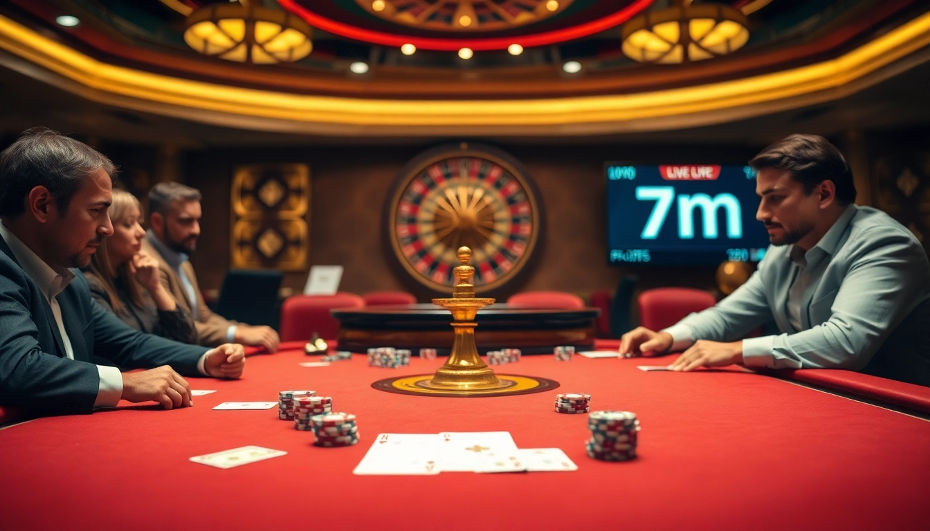 Gamblers engaging with live casino games and 7m score updates in a luxurious setting.