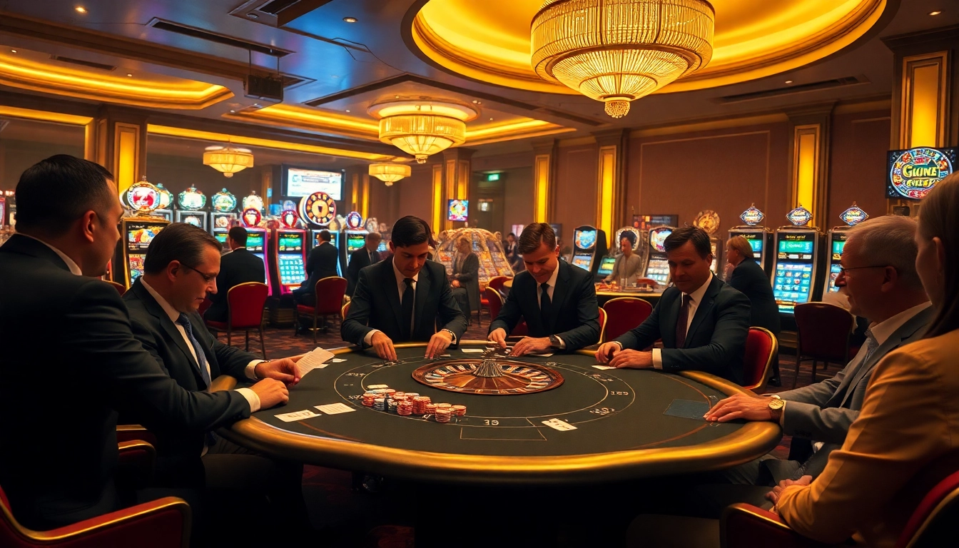 A thrilling poker game at KJC featuring professional players and vibrant slot machines, showcasing excitement in gambling.