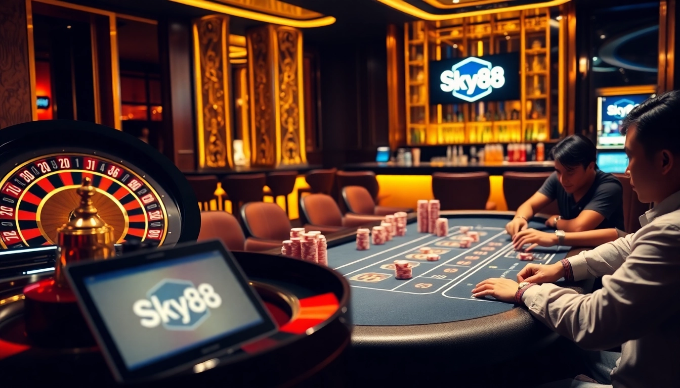 Engaging scene at Nhà cái Sky88 featuring a vibrant casino atmosphere with poker action and roulette excitement.