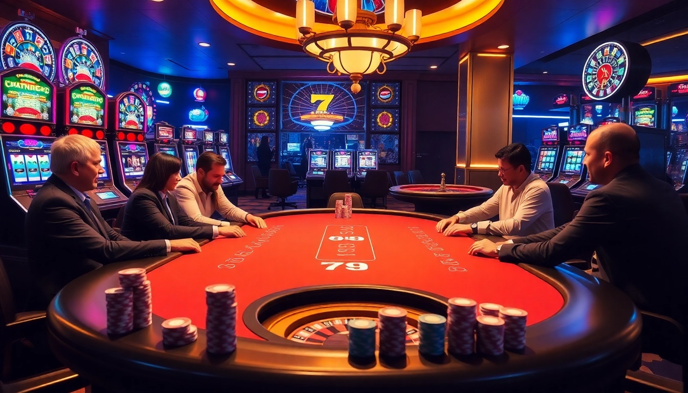 Engaging gamblers in a high-stakes game at a 789 bet poker table with slot machines.