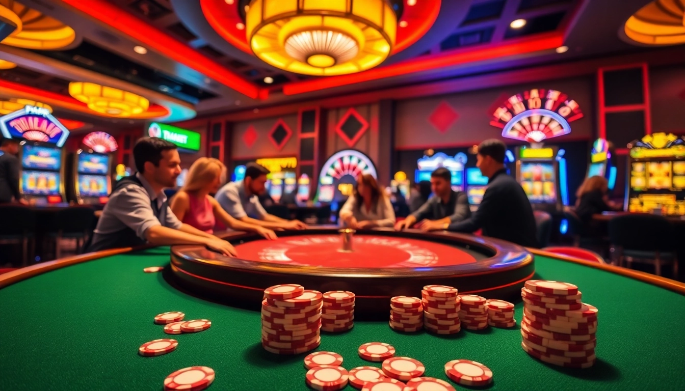 THABET players enjoying an exciting live poker game with colorful casino elements.