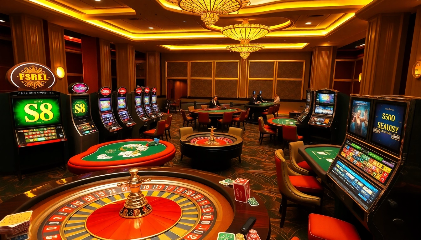 S8 casino players enjoy a vibrant game night, surrounded by tables and slot machines.