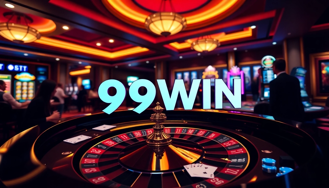 Exciting casino action at 99WIN featuring roulette, poker chips, and engaging players.