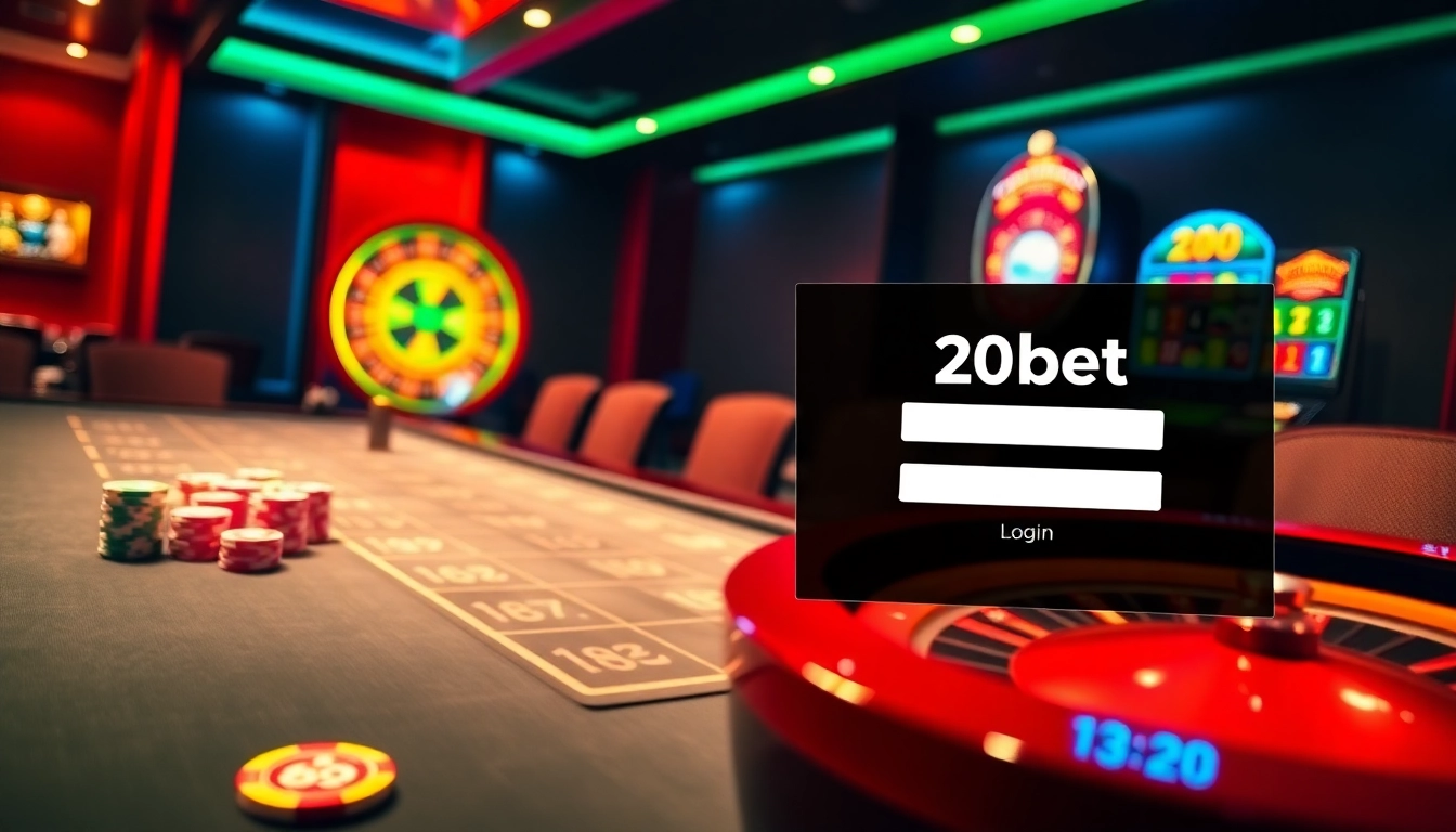 20bet Login screen displayed on a luxurious casino interface with poker chips and roulette wheel.