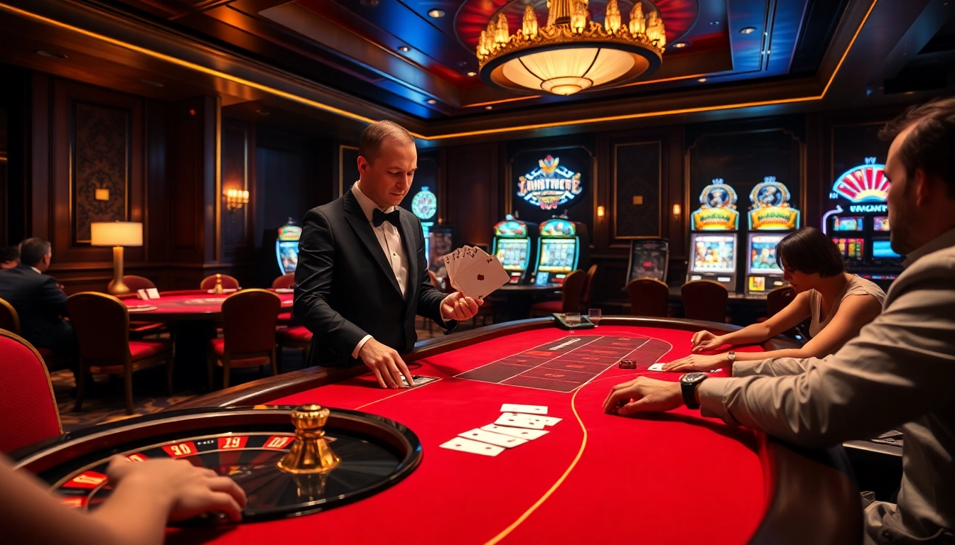 Exciting gameplay at s8 casino featuring poker tables and a roulette wheel under luxurious lighting.