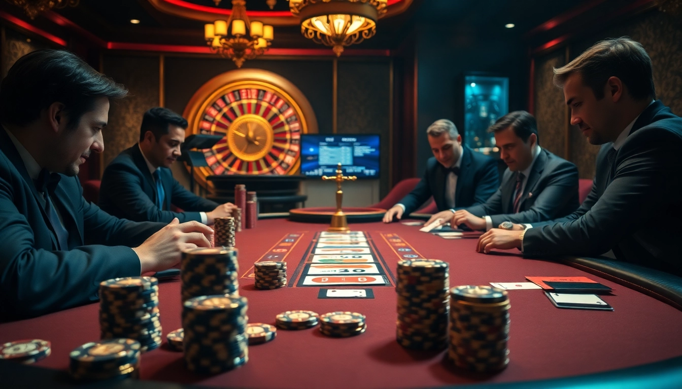 Experienced gamblers enjoying high-stakes poker while facing challenges from "sky88 bị sập" trends, captured in a luxurious casino.