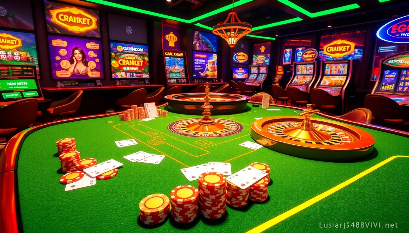 Experience the thrill of online gambling visuals with https://lucky88vi.net and vibrant casino elements like poker chips and roulette wheels.