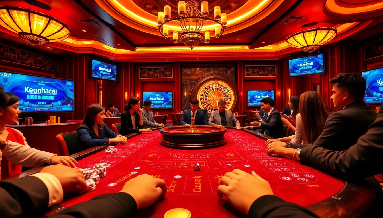 Players engaging in thrilling gambling activities at a luxurious casino featuring keonhacai betting elements.