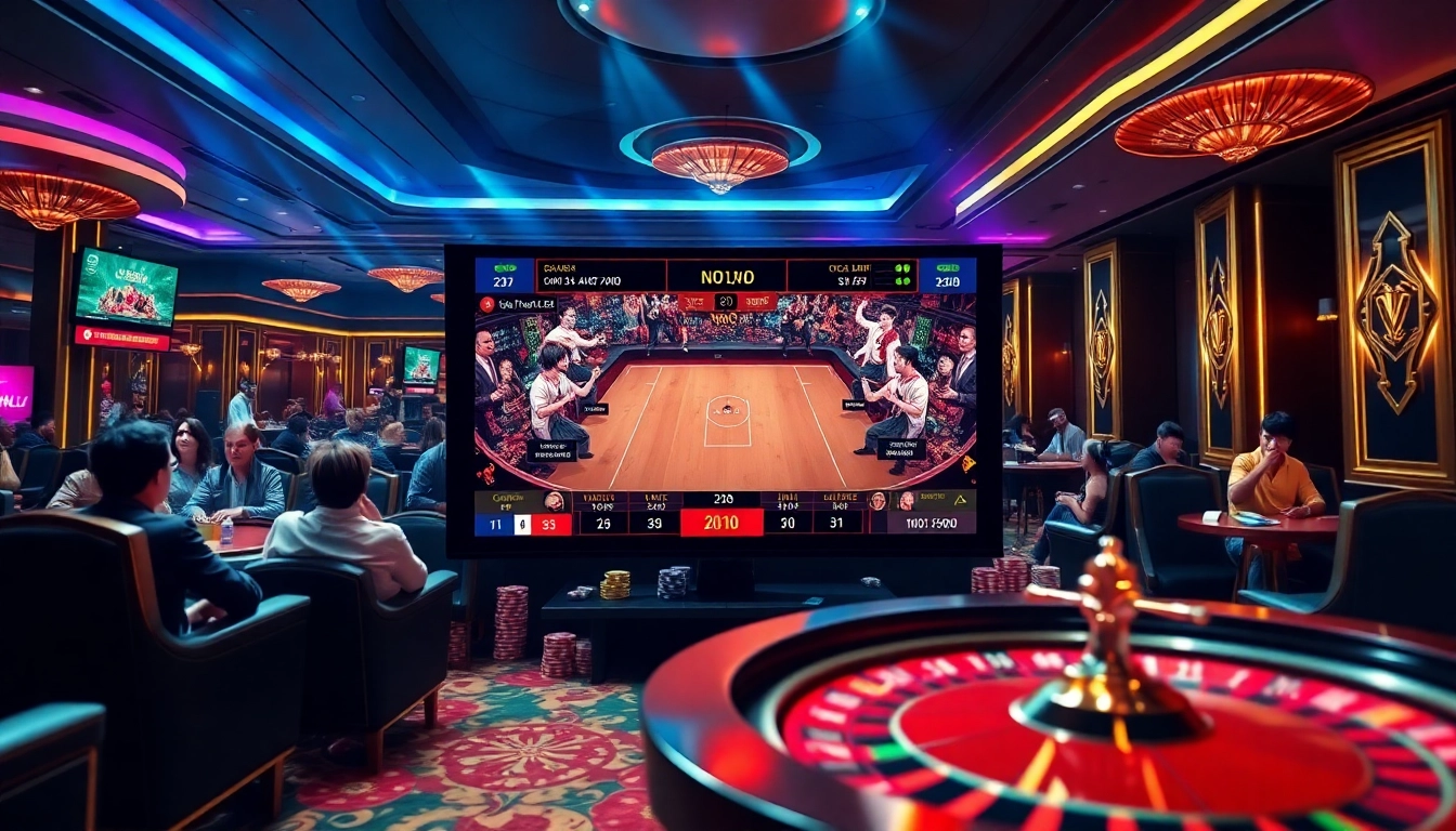 Engaging scene of Đá Gà Thomo BJ888 in an online casino, featuring dynamic betting and luxurious decor.