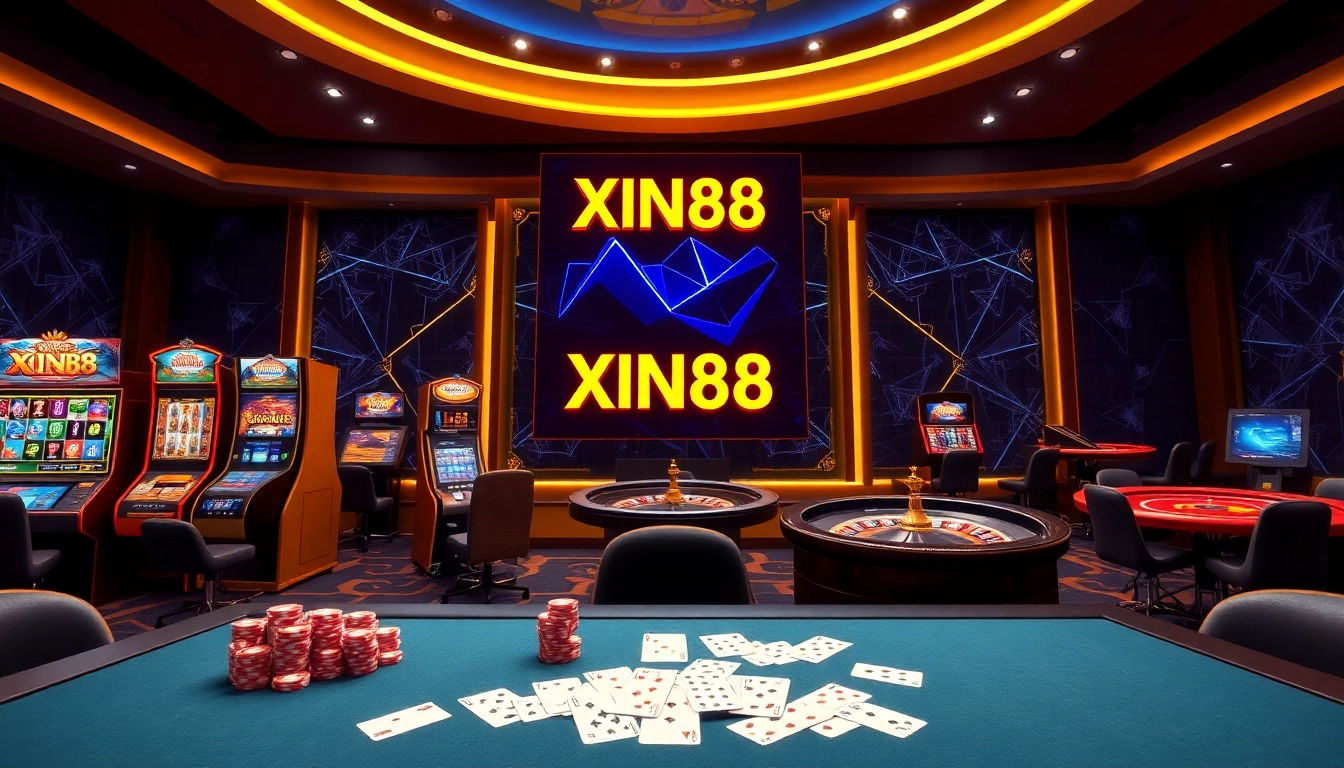 XIN88 gaming scene showcasing vibrant slot machines and poker tables in a luxurious online casino