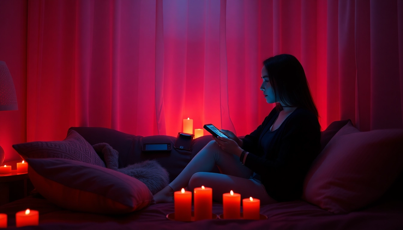 Engaging in ai sex chat in a romantic, softly lit setting with digital devices.