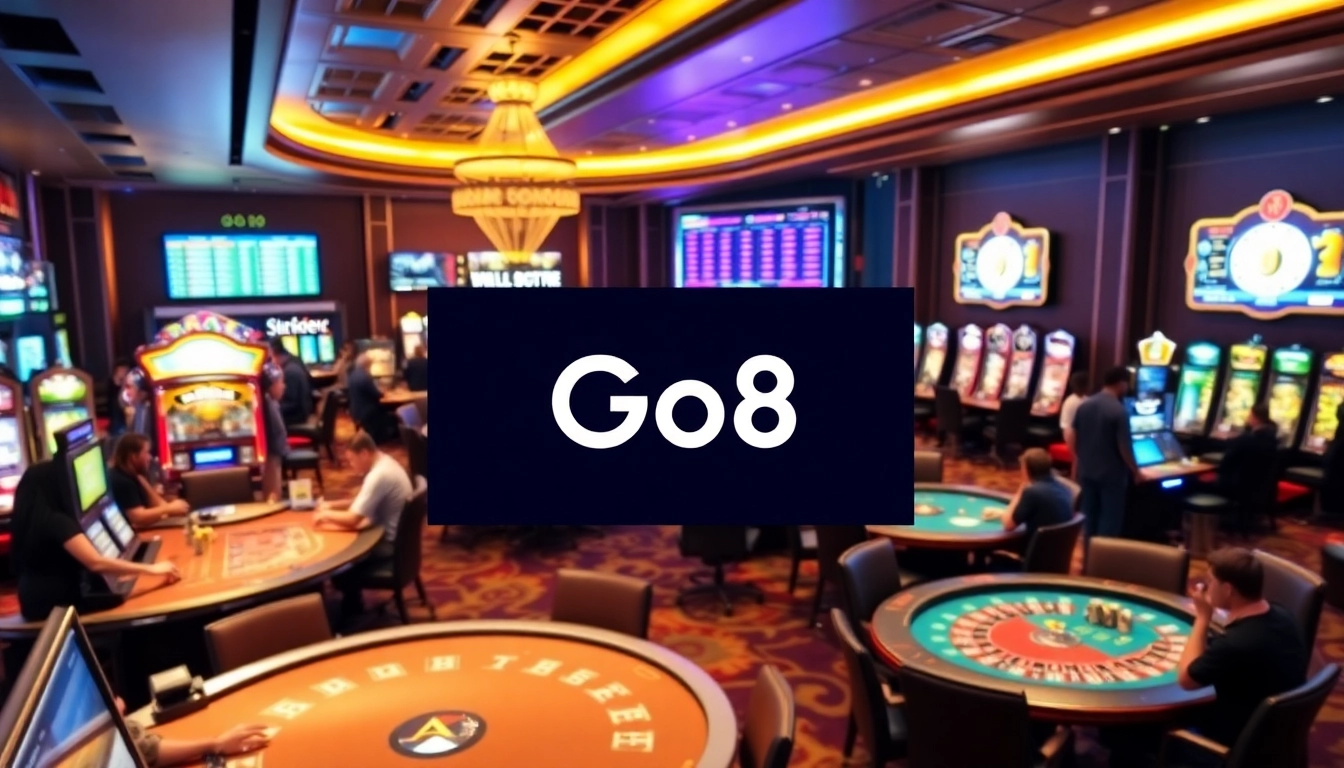 Players enjoy various games at Go8 Casino, featuring vibrant tables and a lively atmosphere.