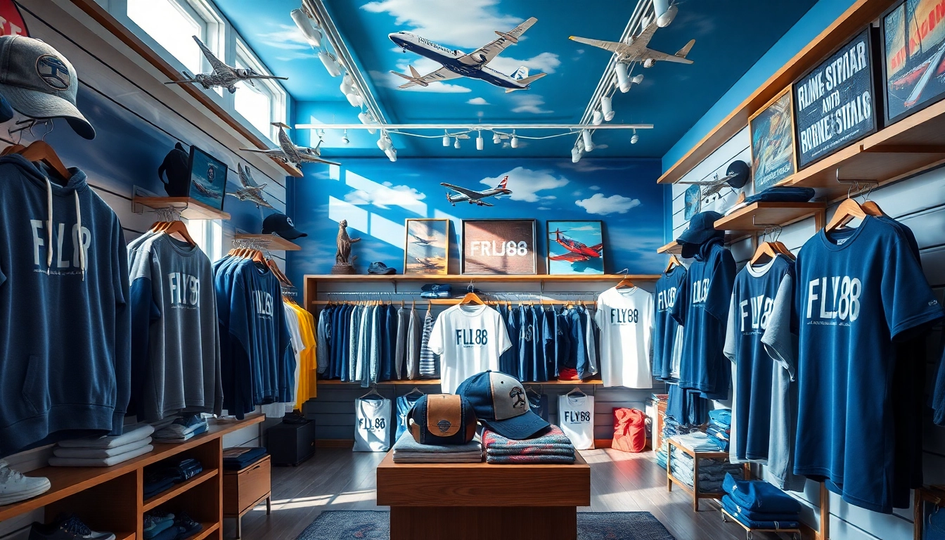 FLY88 aviation-inspired apparel collection displayed in a trendy store setting.