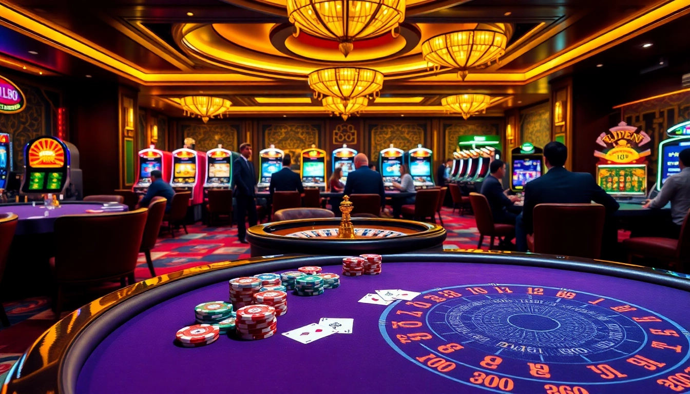 Engage in high-stakes poker at Hello88's luxurious casino, surrounded by vibrant gaming elements.