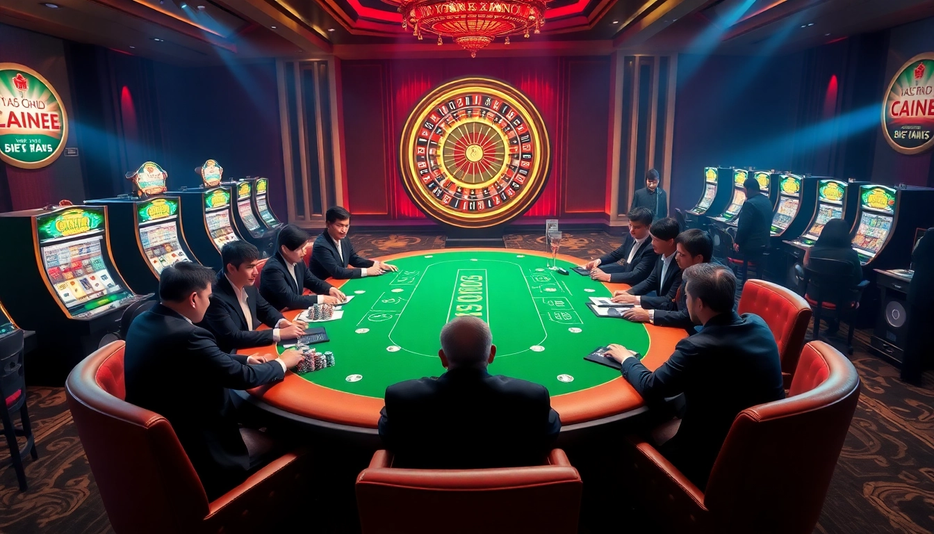 Casino scene showcasing Trang Chủ QQ88 poker players winning big at tables and slot machines.