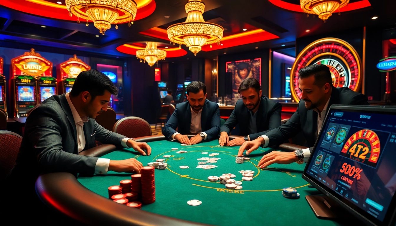 Players engaging in a high-stakes poker game at QQ88, showcasing excitement and professionalism.