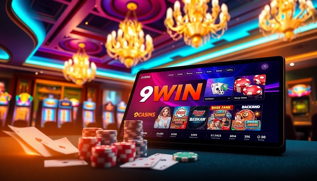 Exciting 9WIN online casino scene with poker chips, cards, and engaging gambling action.