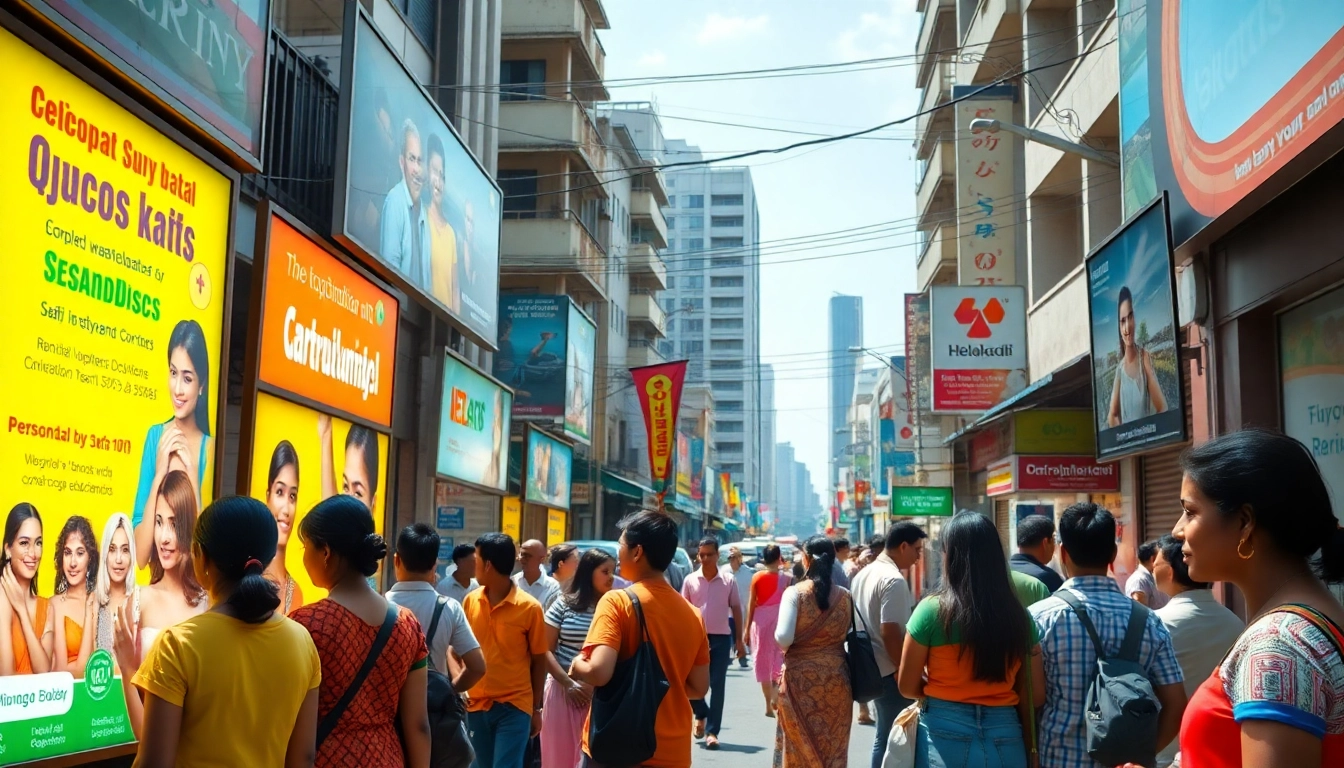 Vibrant marketplace scene illustrating Hela Ads with diverse people engaging with advertisements in Sri Lanka.