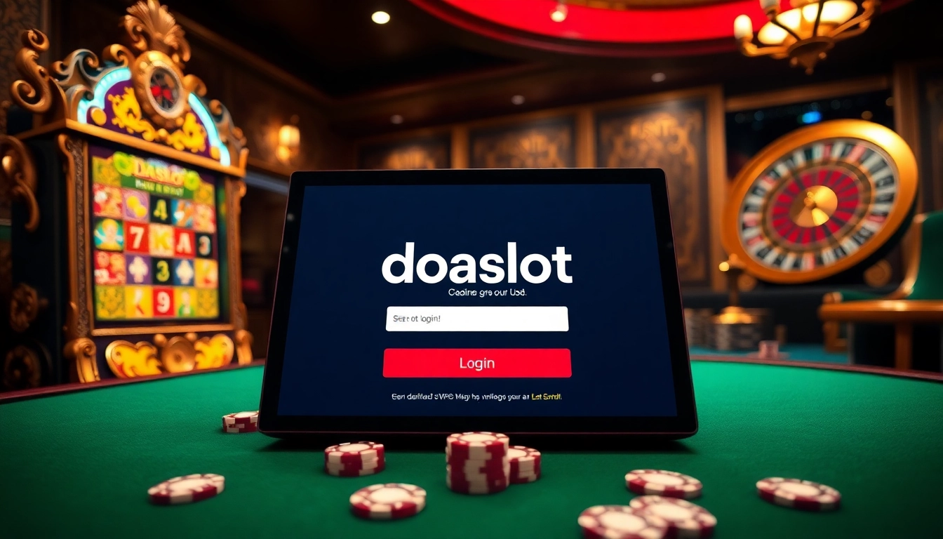Experience the thrill of winning with doaslot login on a luxurious casino table featuring digital interfaces and vibrant slots.