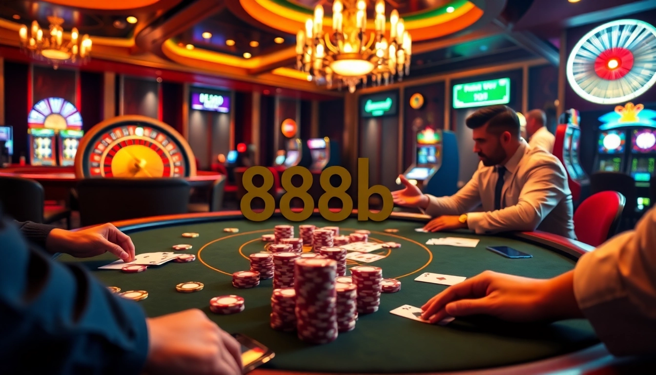 Experience the thrill of 888b gaming at a vibrant casino table with poker chips and cards.