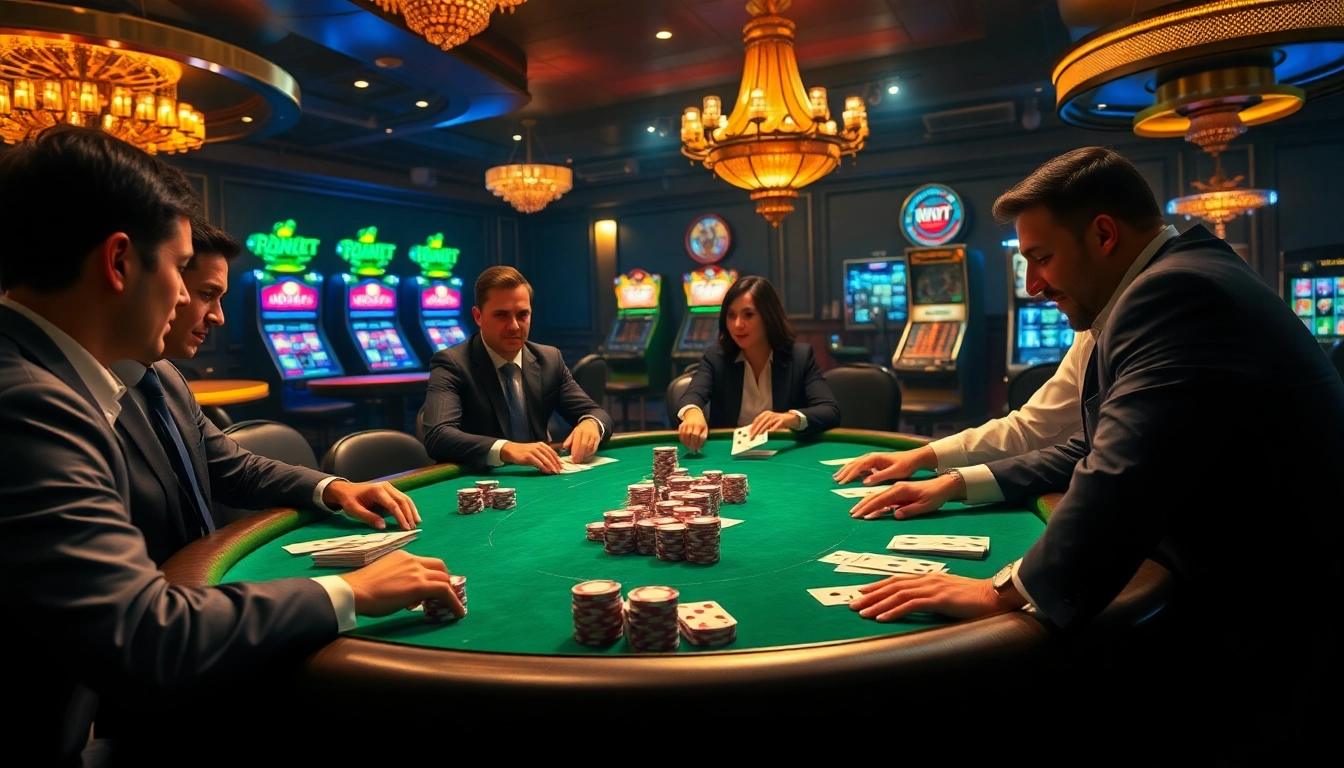 Experience a thrilling poker game at rikvip with professional gamblers and vibrant casino elements.