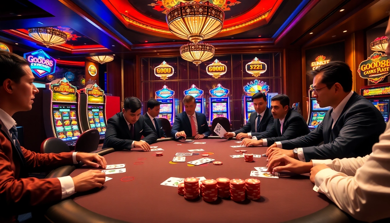 Winning strategy at GOOD88 poker table with chips and cards in a vibrant casino environment