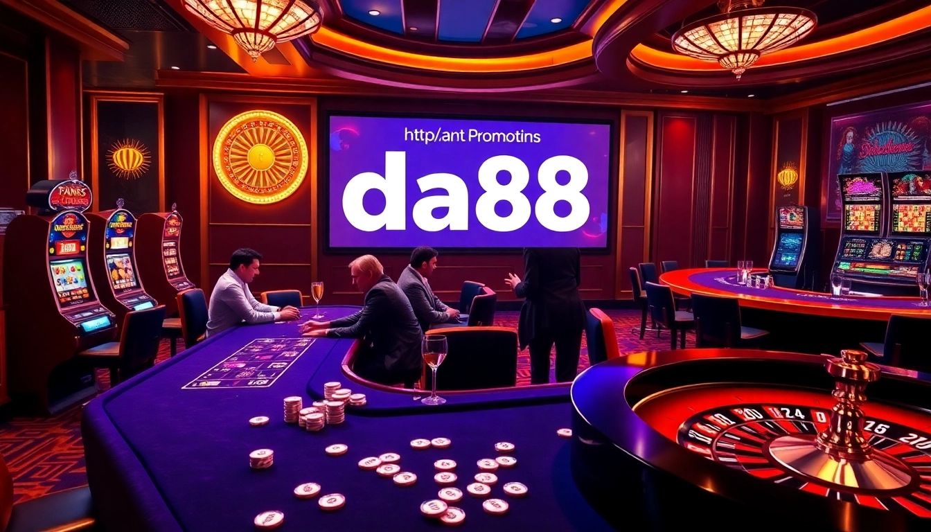 Experience high-stakes poker action at https://da88.co.im/, featuring vibrant slot machines and a roulette wheel.