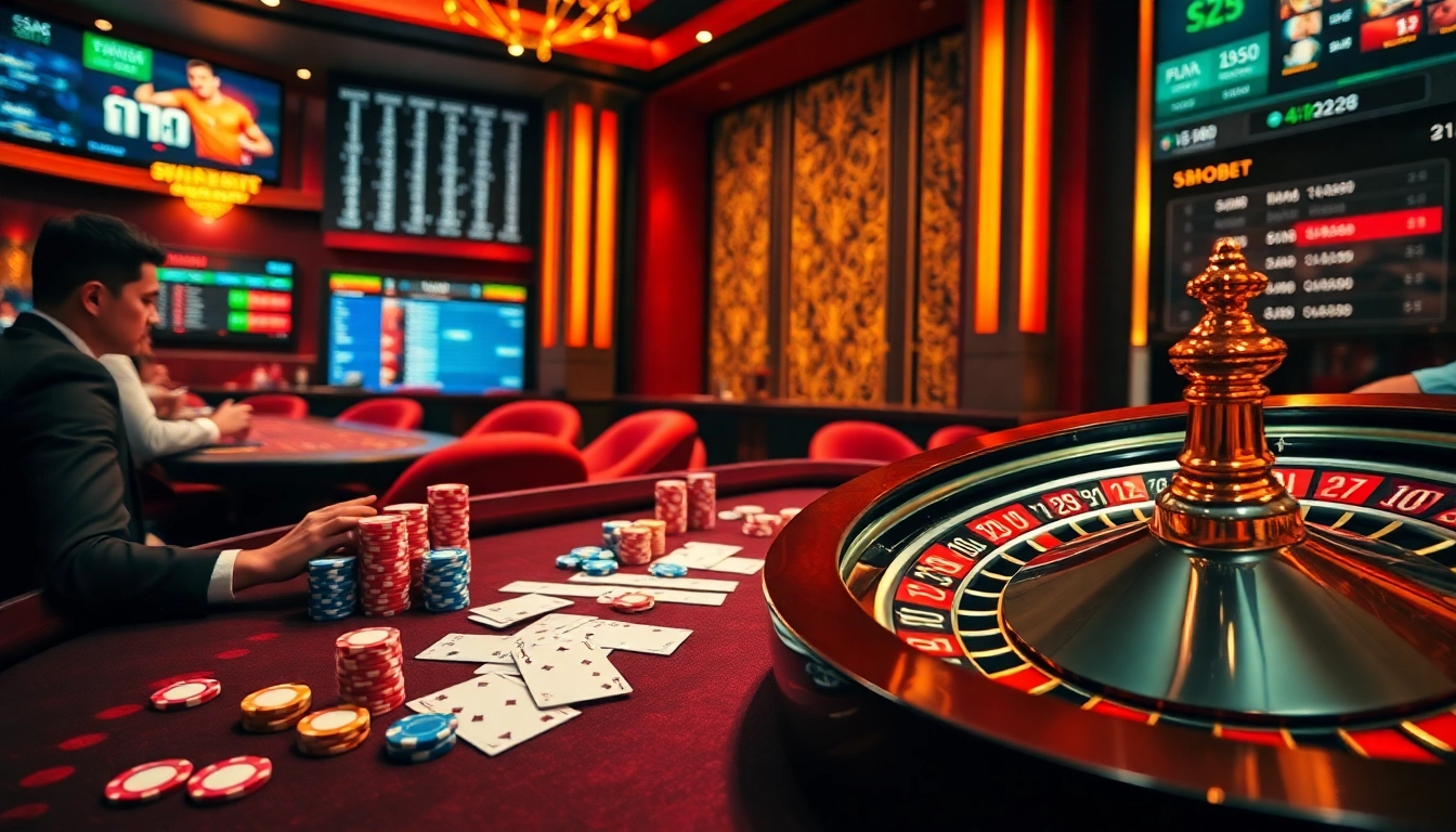 SBOBET gamblers engaging in high-stakes betting at a vibrant online casino table.