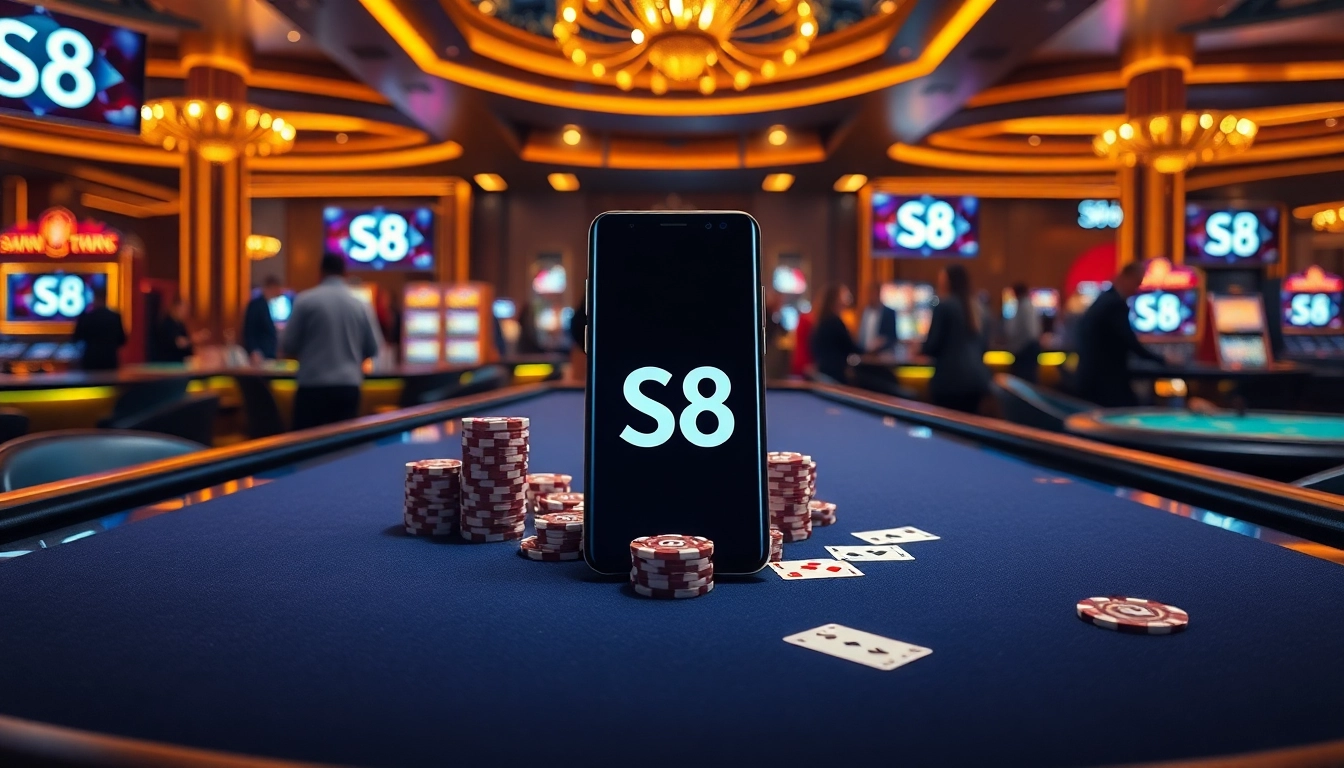 S8 enhances luxury gaming experience at the casino with vibrant poker table and Samsung device.