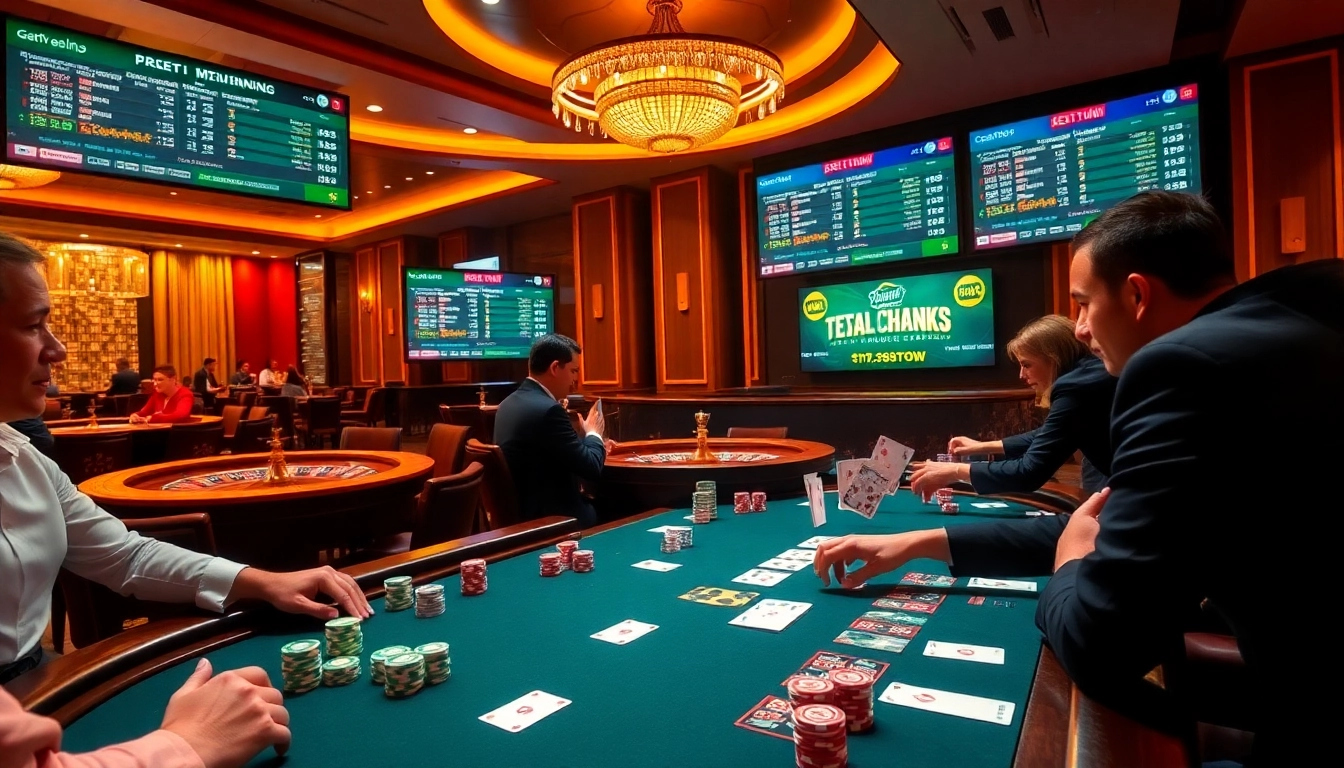 Experience thrilling Poker at https://789f.town/ with an exciting casino scene featuring players and chips.