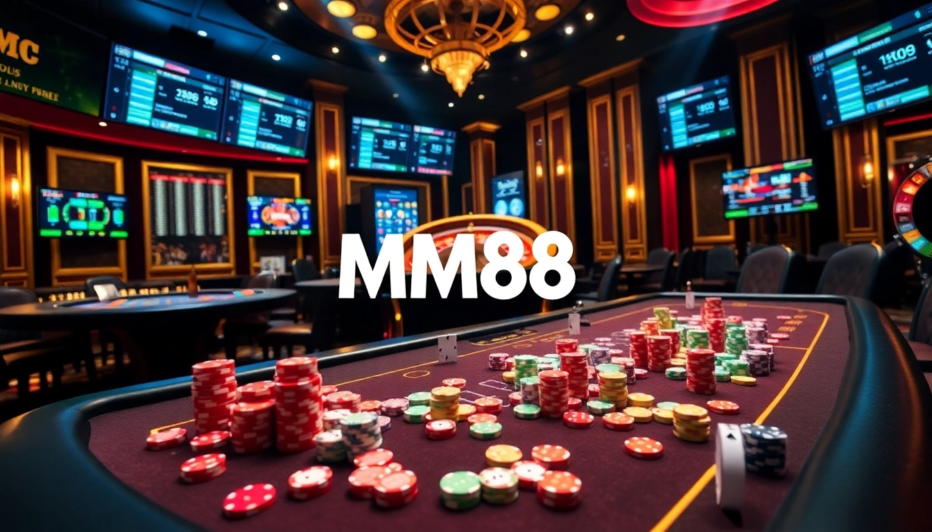 Experience the thrill of gambling at MM88, featuring vibrant casino tables and digital betting.