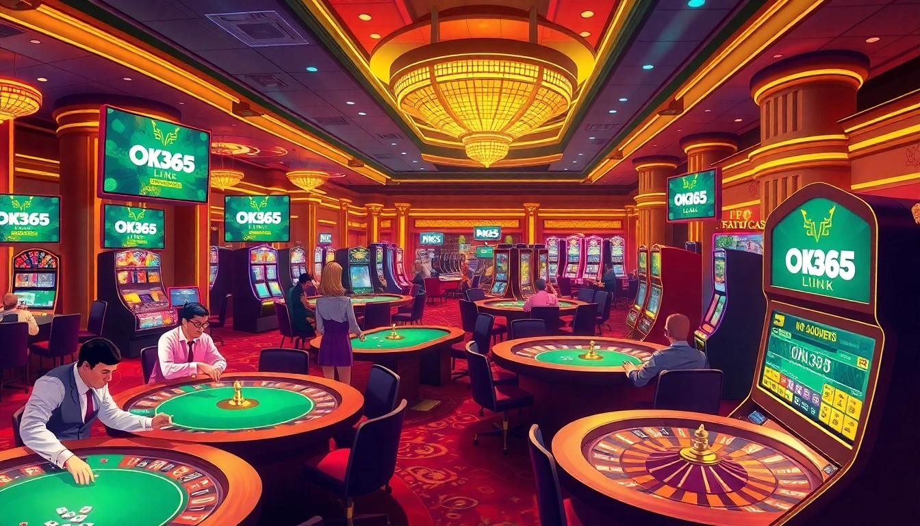 Thrilling gaming experience showcasing OK365 link in an upscale casino environment, filled with excitement.