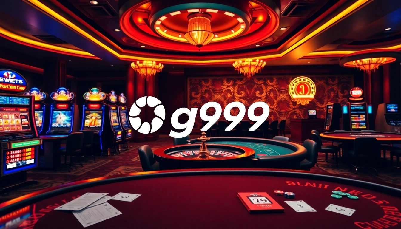 Engaging gambling scene featuring pg99 logo with slot machines and poker table.