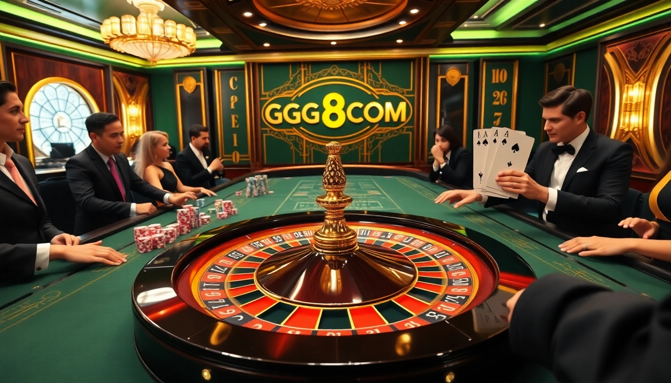 Experience the thrill of gambling at GG88COM with a luxurious roulette setup and lively atmosphere.