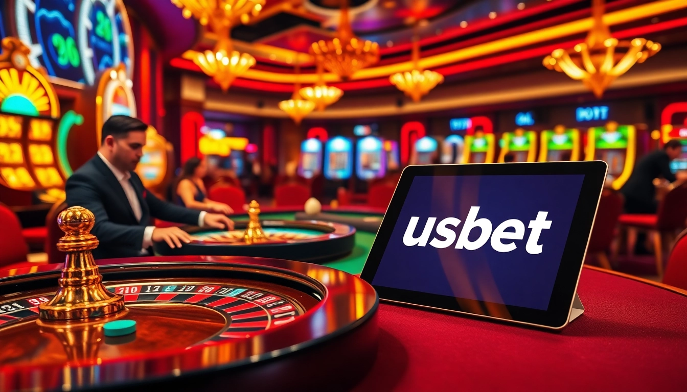 Experience thrilling gameplay at a casino with usbet elements, featuring roulette tables, poker chips, and dynamic atmosphere.